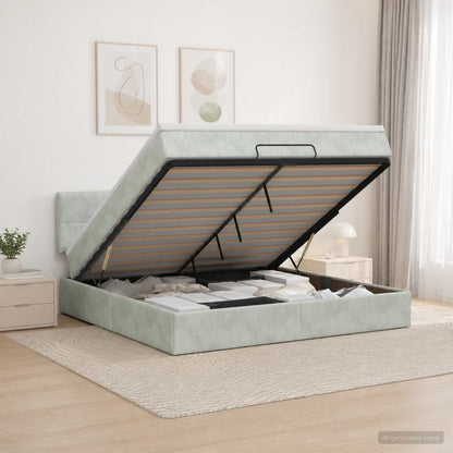 Ottoman Bett mit Matratze Hellgrau 160 x 200 cm Samt