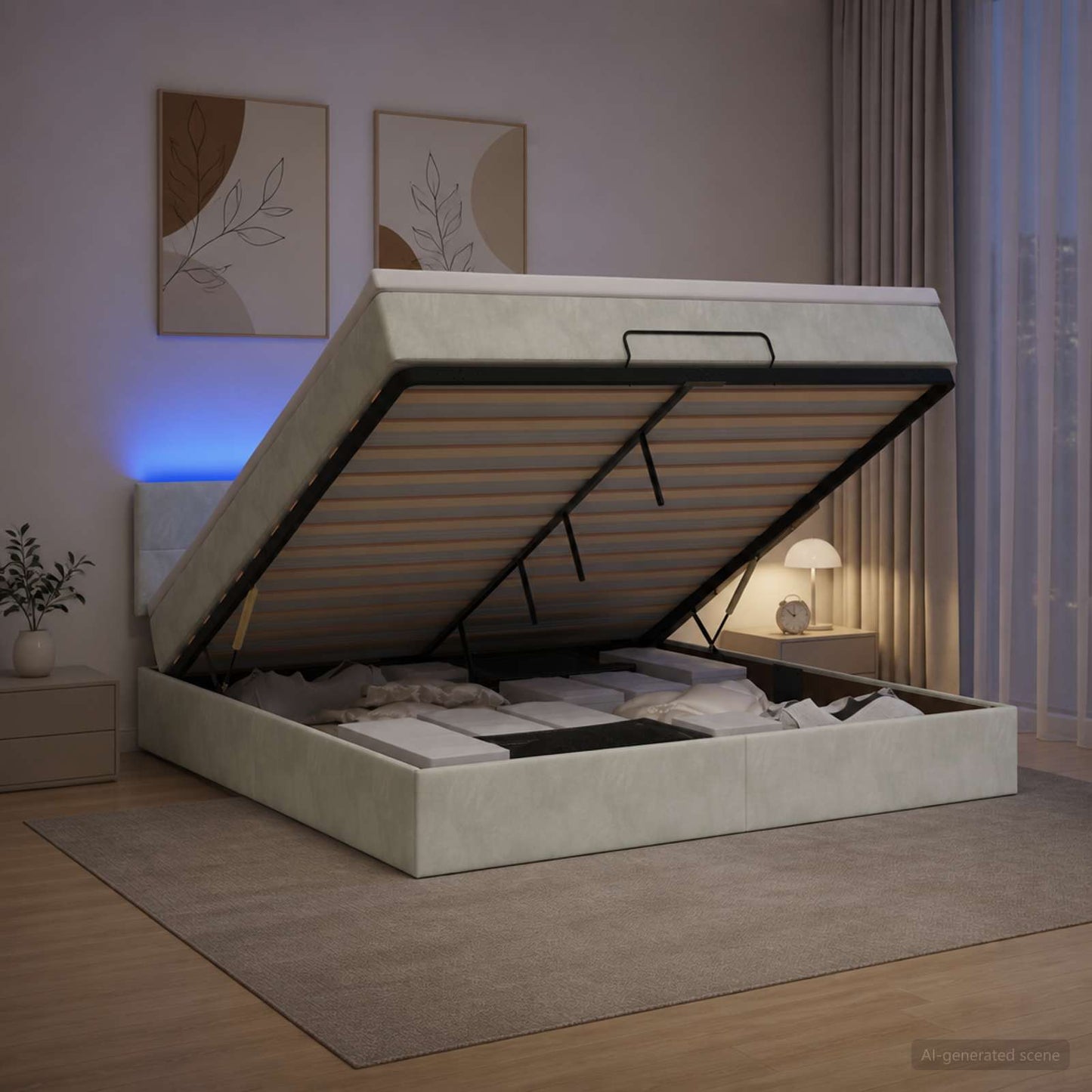 Ottoman-Bett mit Matratze und LED Hellgrau 140 x 190 cm Samt