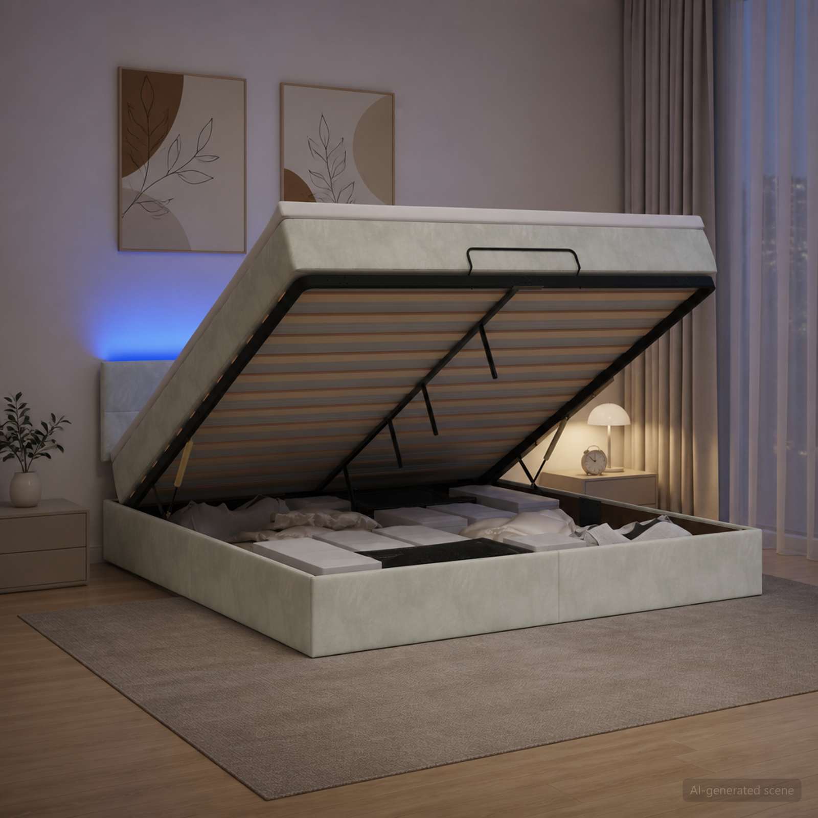 Ottoman-Bett mit Matratze und LED Hellgrau 180 x 200 cm Samt