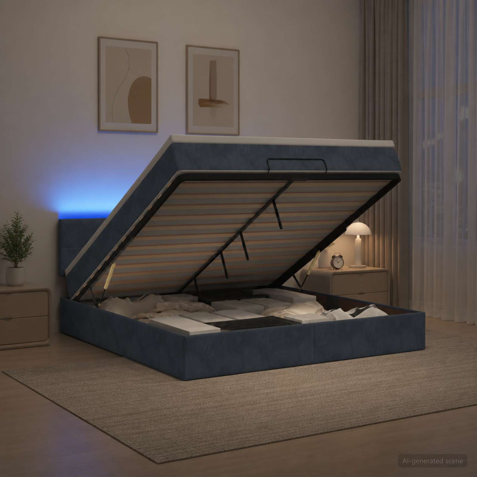 Ottoman-Bett mit Matratze und LED Dunkelgrau 140 x 190 cm Samt
