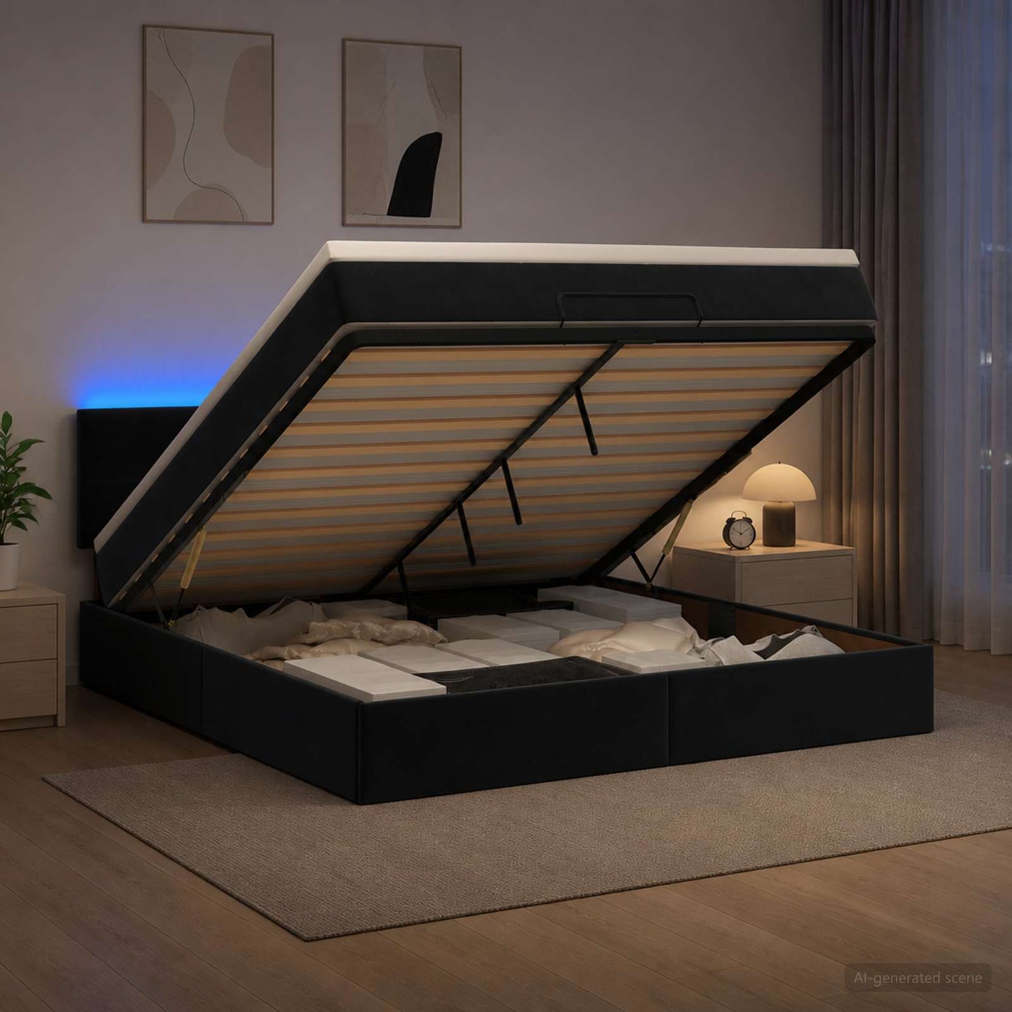 Ottoman-Bett mit Matratze und LED Schwarz 140 x 190 cm Samt