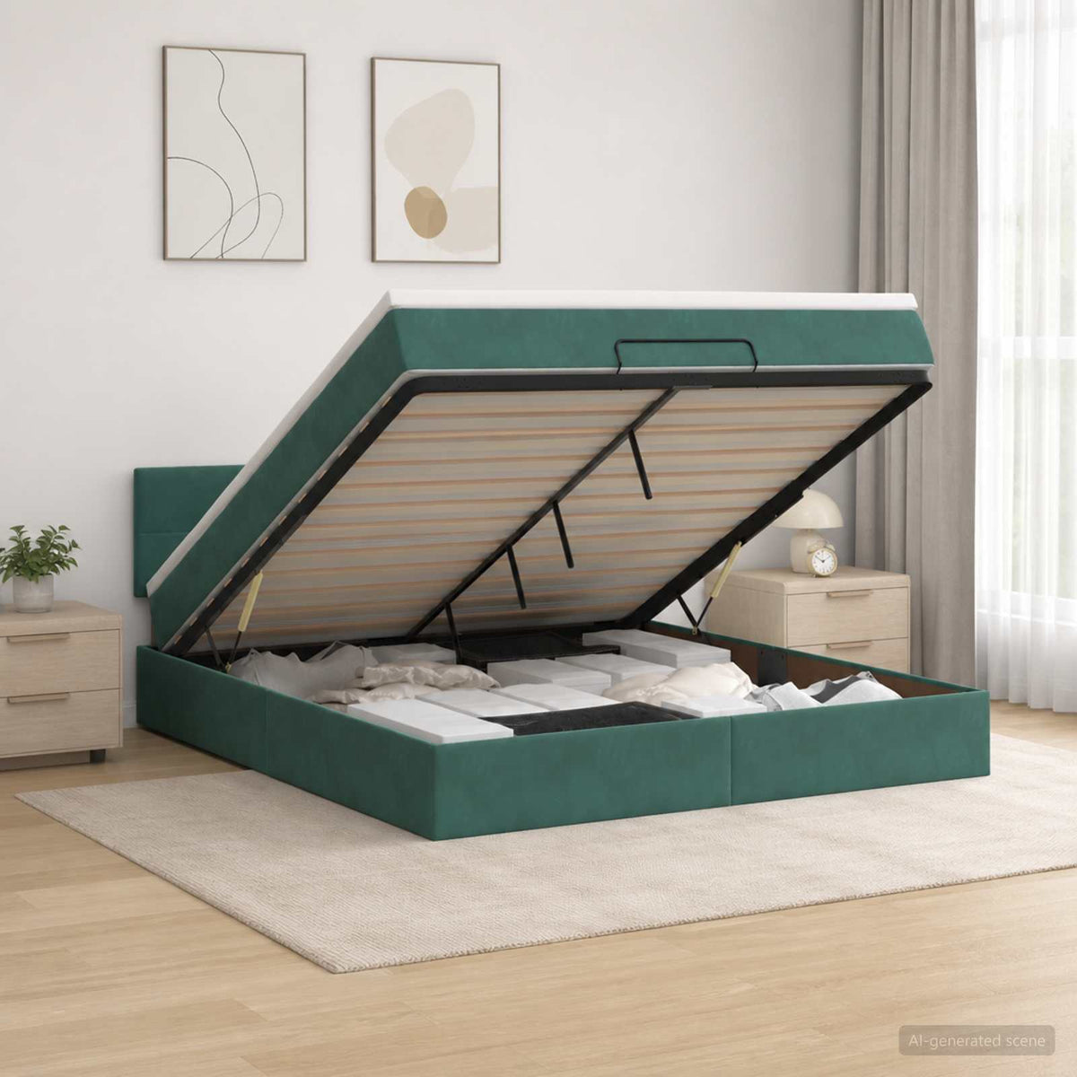 Ottoman Bett mit Matratze Dunkelgrün 140 x 200 cm Samt