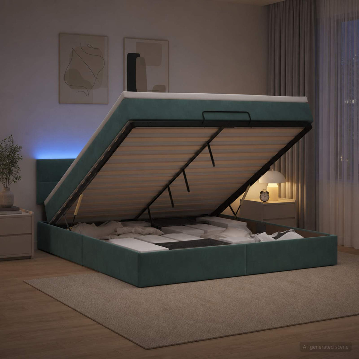 Ottoman-Bett mit Matratze und LED Dunkelgrün 140 x 200 cm Samt