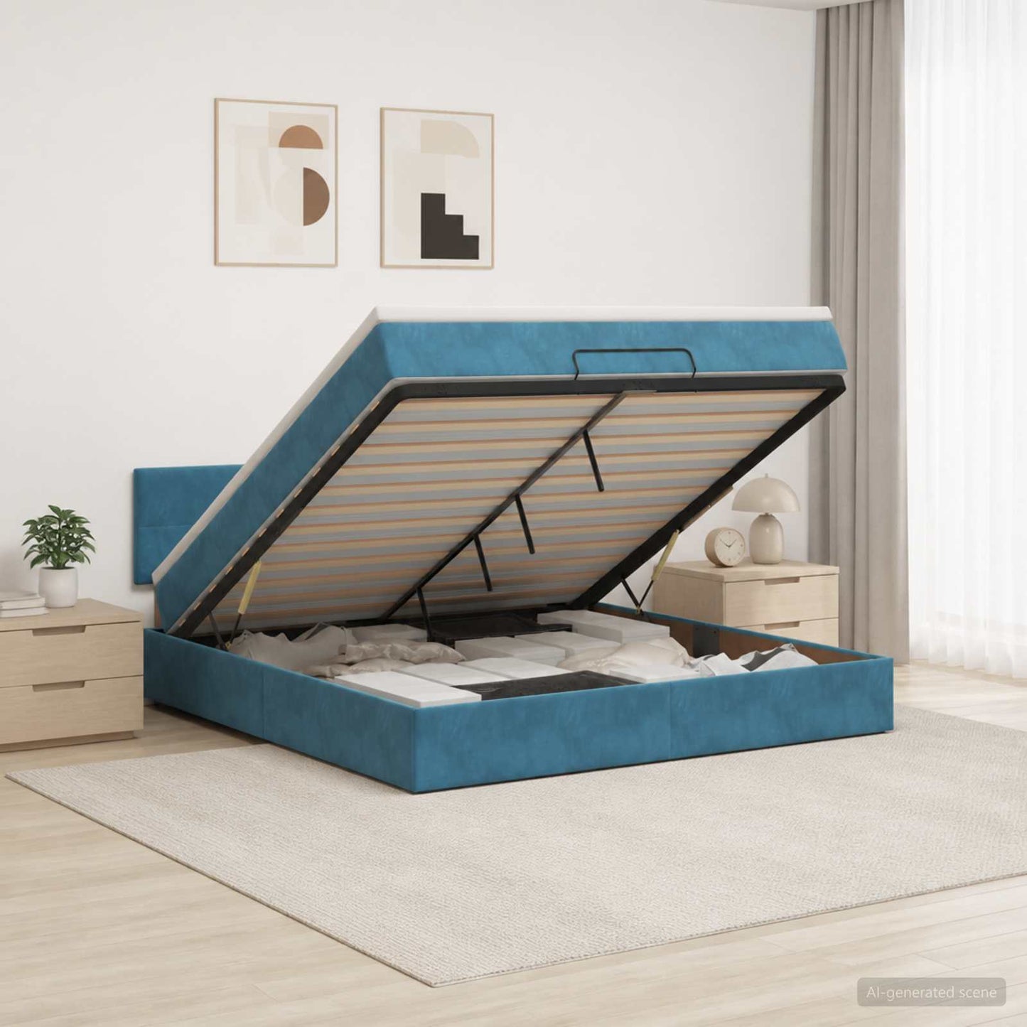 Ottoman Bett mit Matratze Dunkelblau 140 x 200 cm Samt
