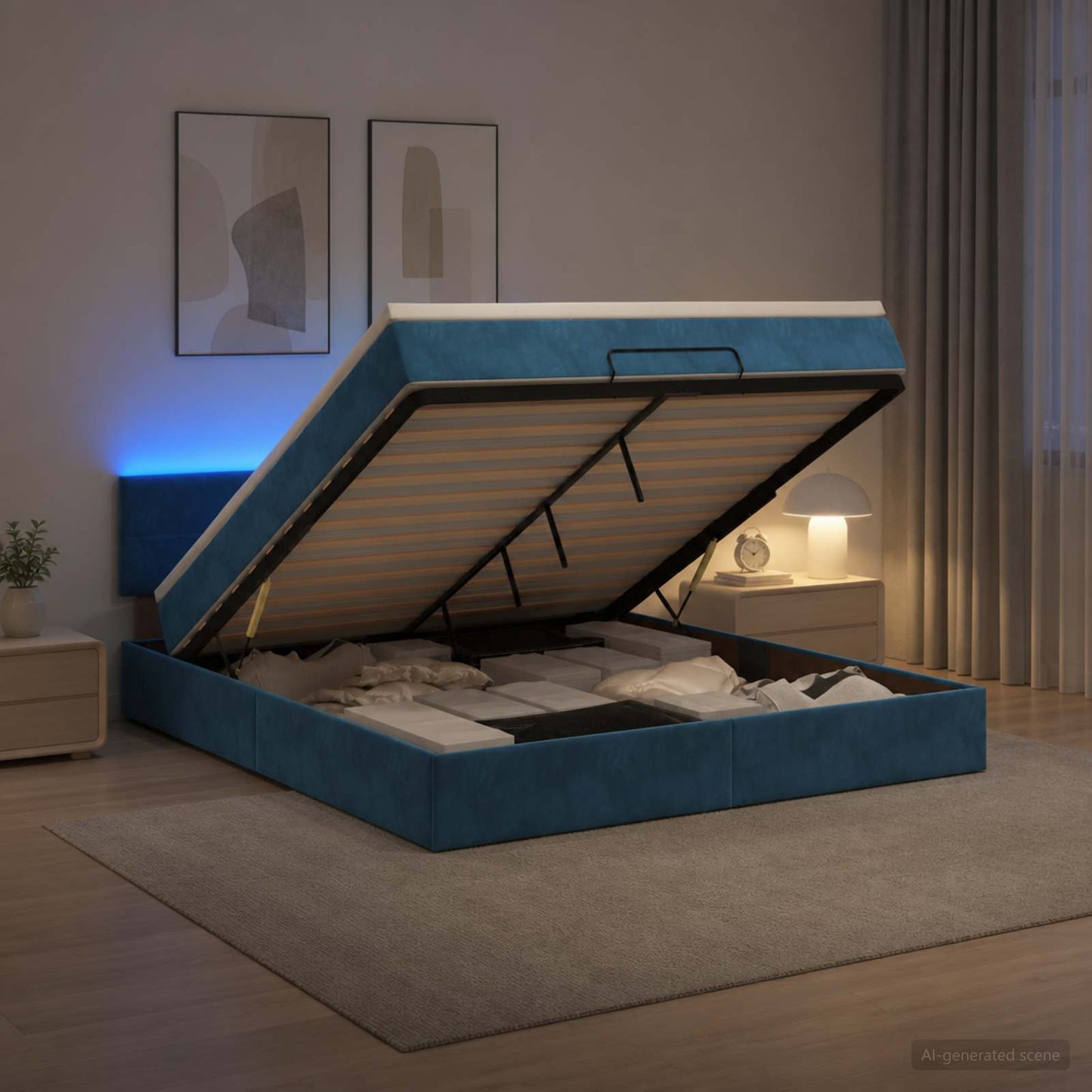 Ottoman-Bett mit Matratze und LED Dunkelblau 140 x 200 cm Samt