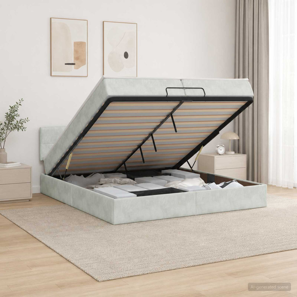 Ottoman Bett mit Matratze Hellgrau 200 x 200 cm Samt