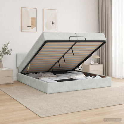 Ottoman Bett mit Matratze Hellgrau 200 x 200 cm Samt