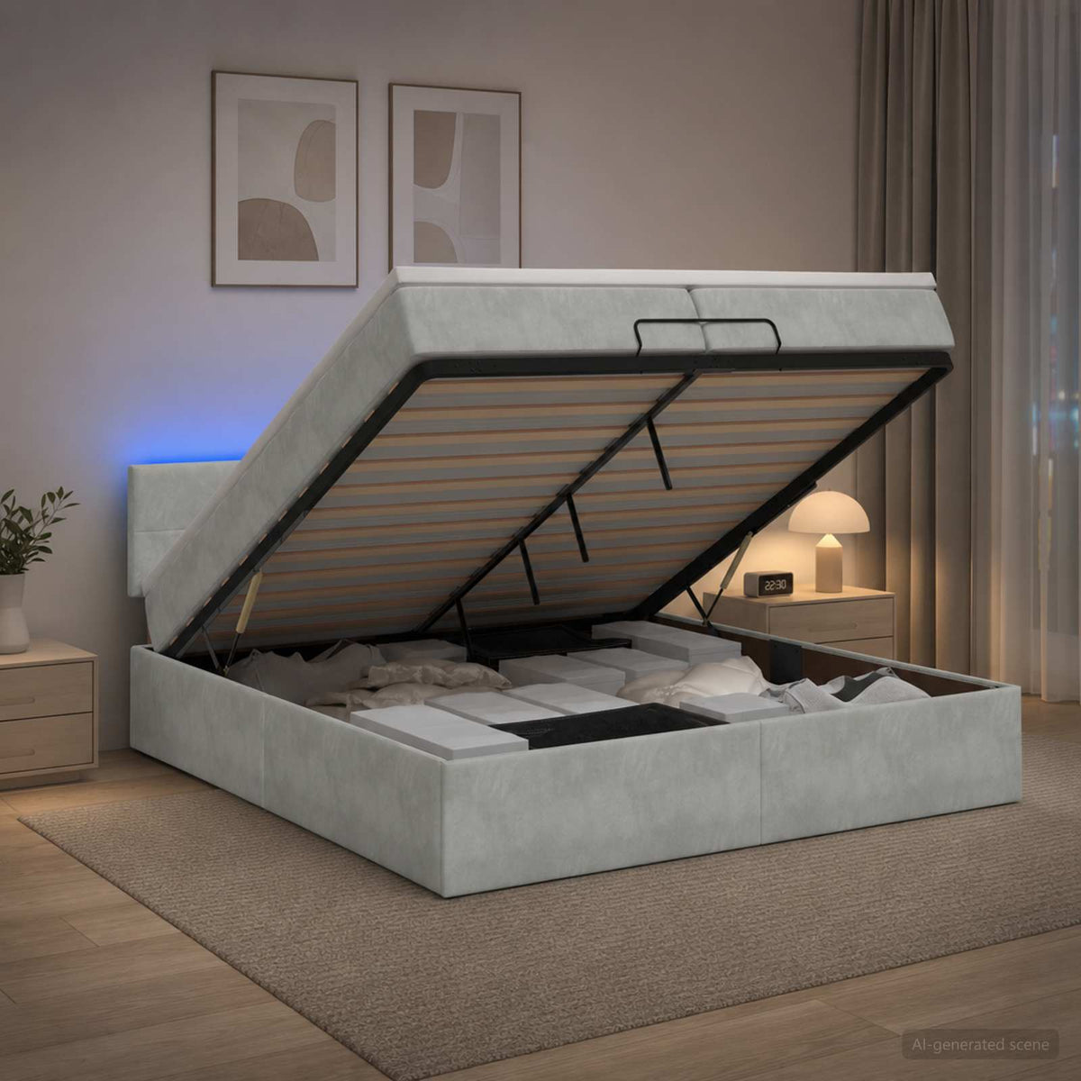 Ottoman-Bett mit Matratze und LED Hellgrau 200 x 200 cm Samt