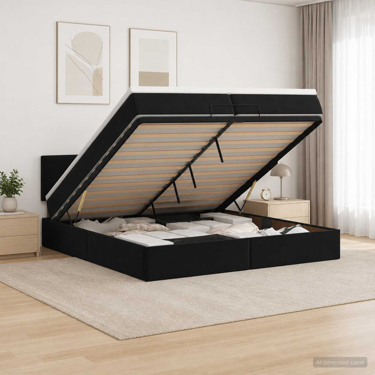 Ottoman Bett mit Matratze Schwarz 200 x 200 cm Samt