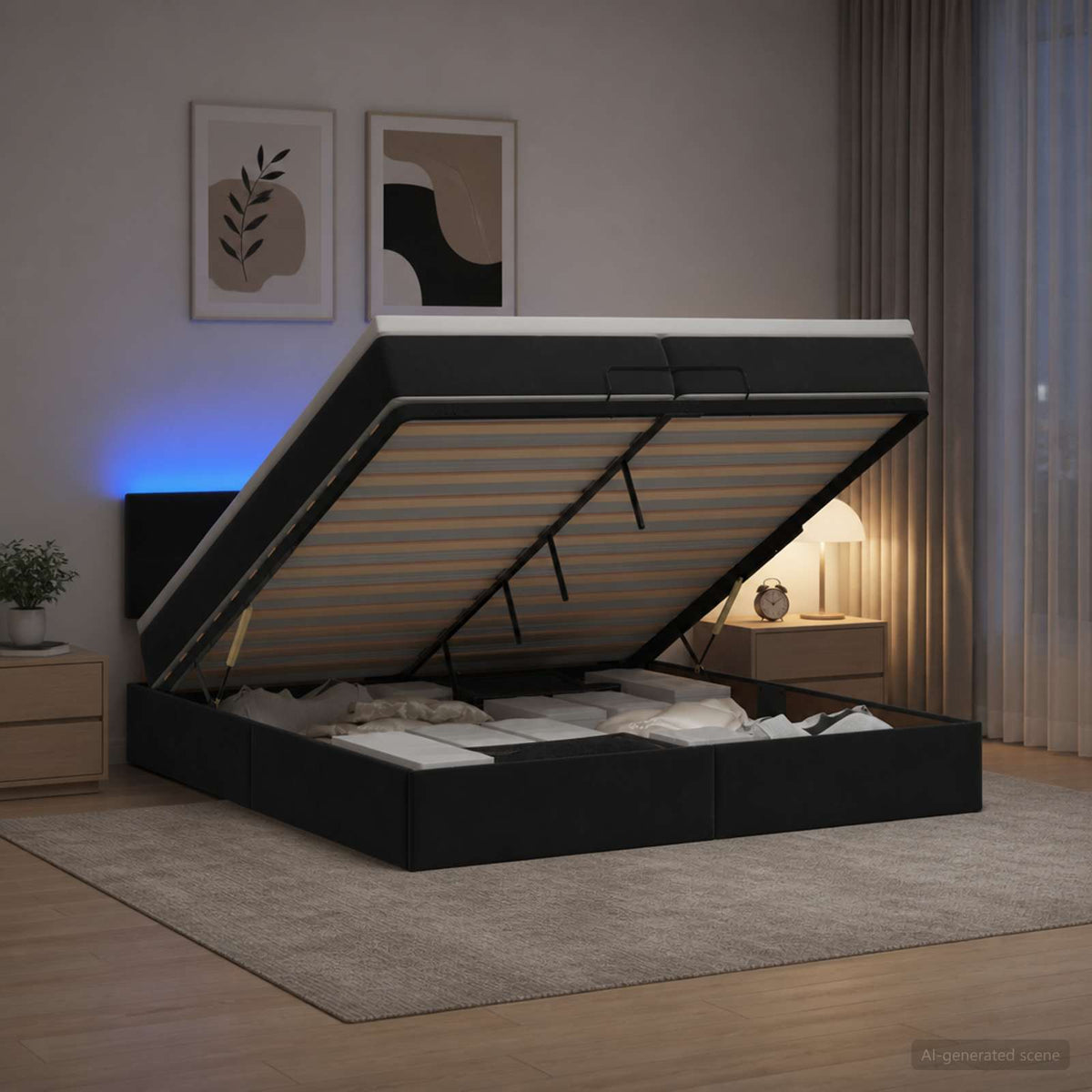 Ottoman-Bett mit Matratze und LED Schwarz 200 x 200 cm Samt