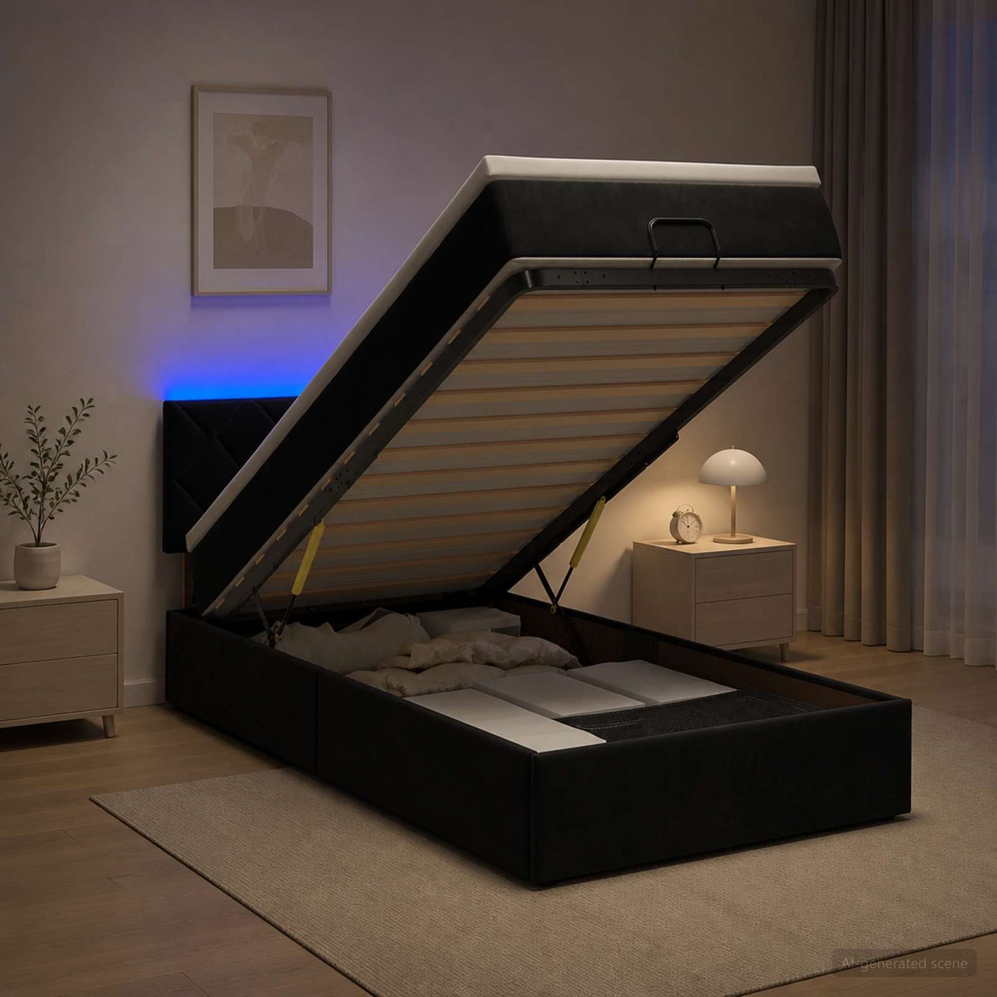 Ottoman-Bett mit Matratze und LED Schwarz 90 x 190 cm Samt
