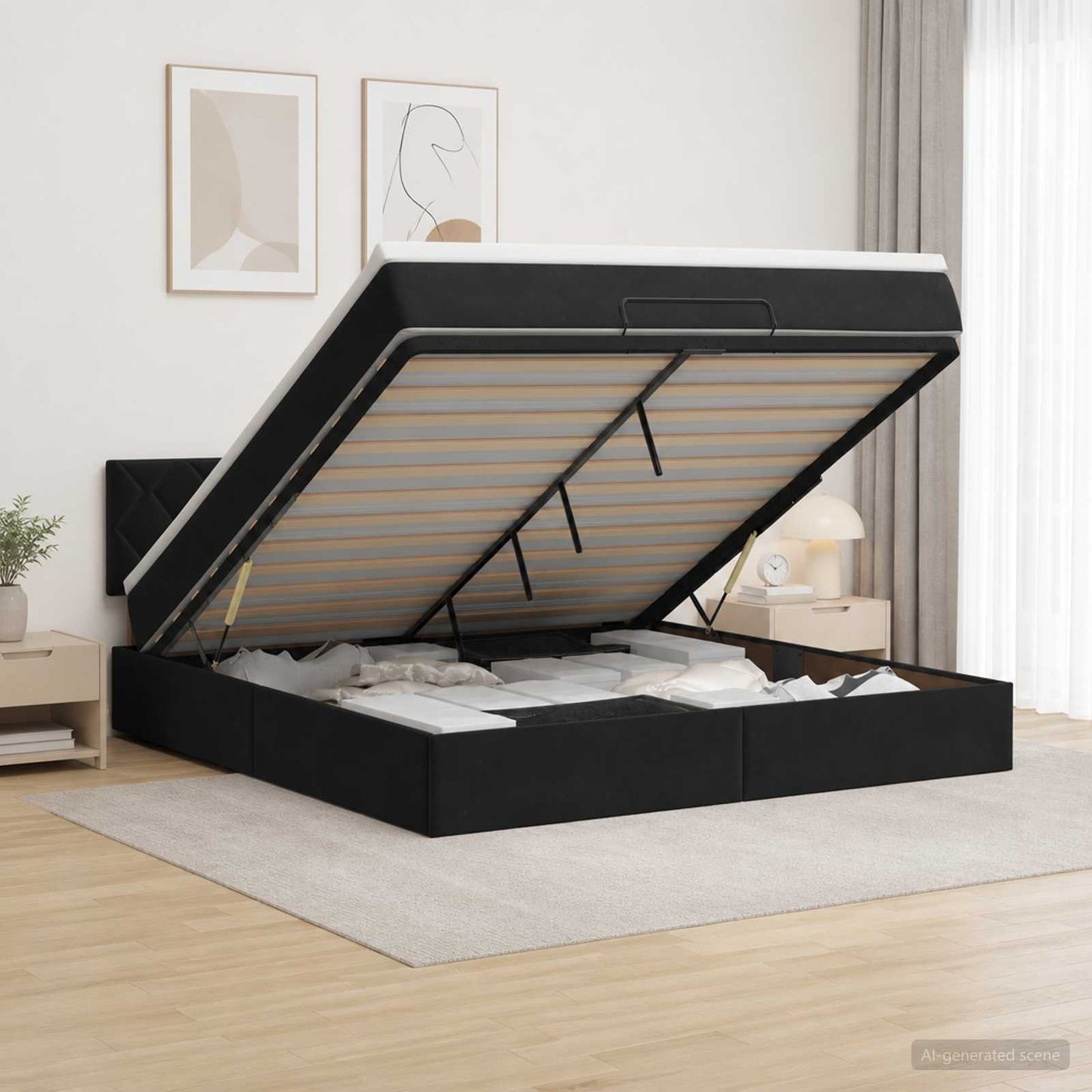 Ottoman Bett mit Matratze Schwarz 160 x 200 cm Samt