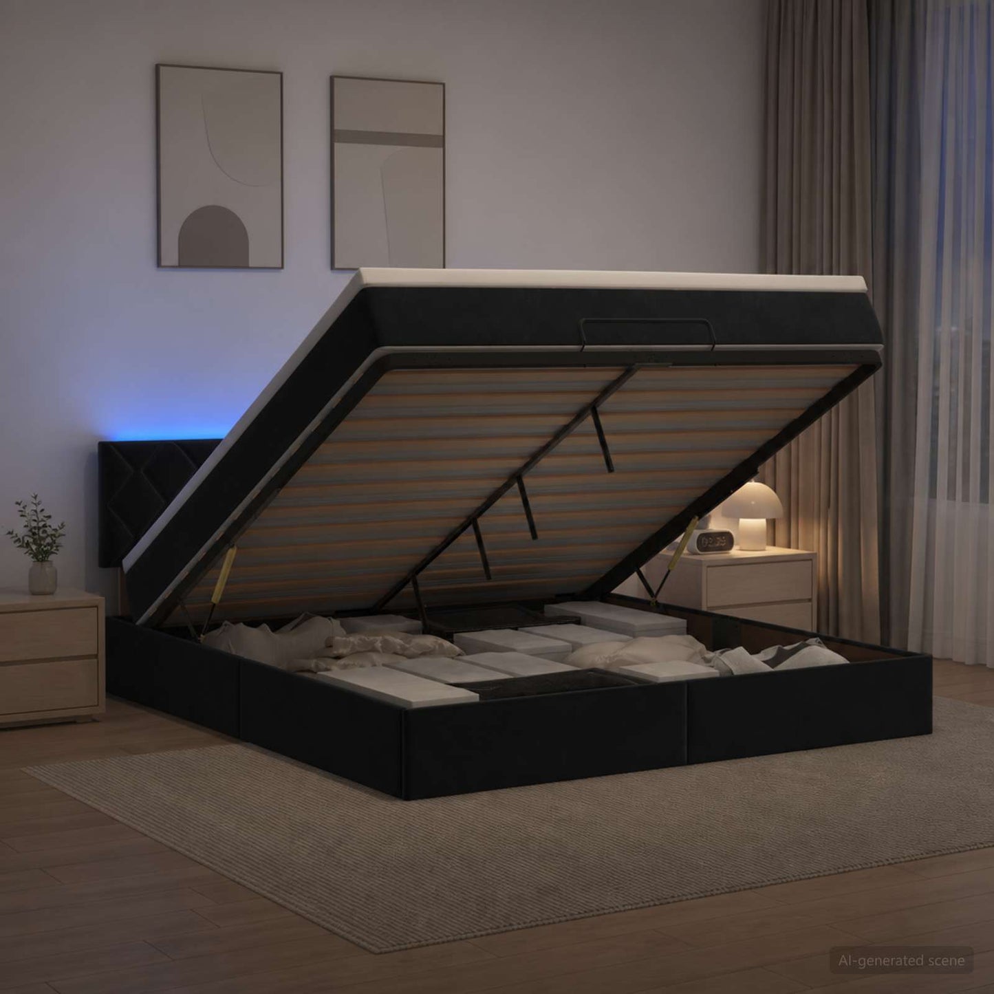 Ottoman-Bett mit Matratze und LED Schwarz 160 x 200 cm Samt