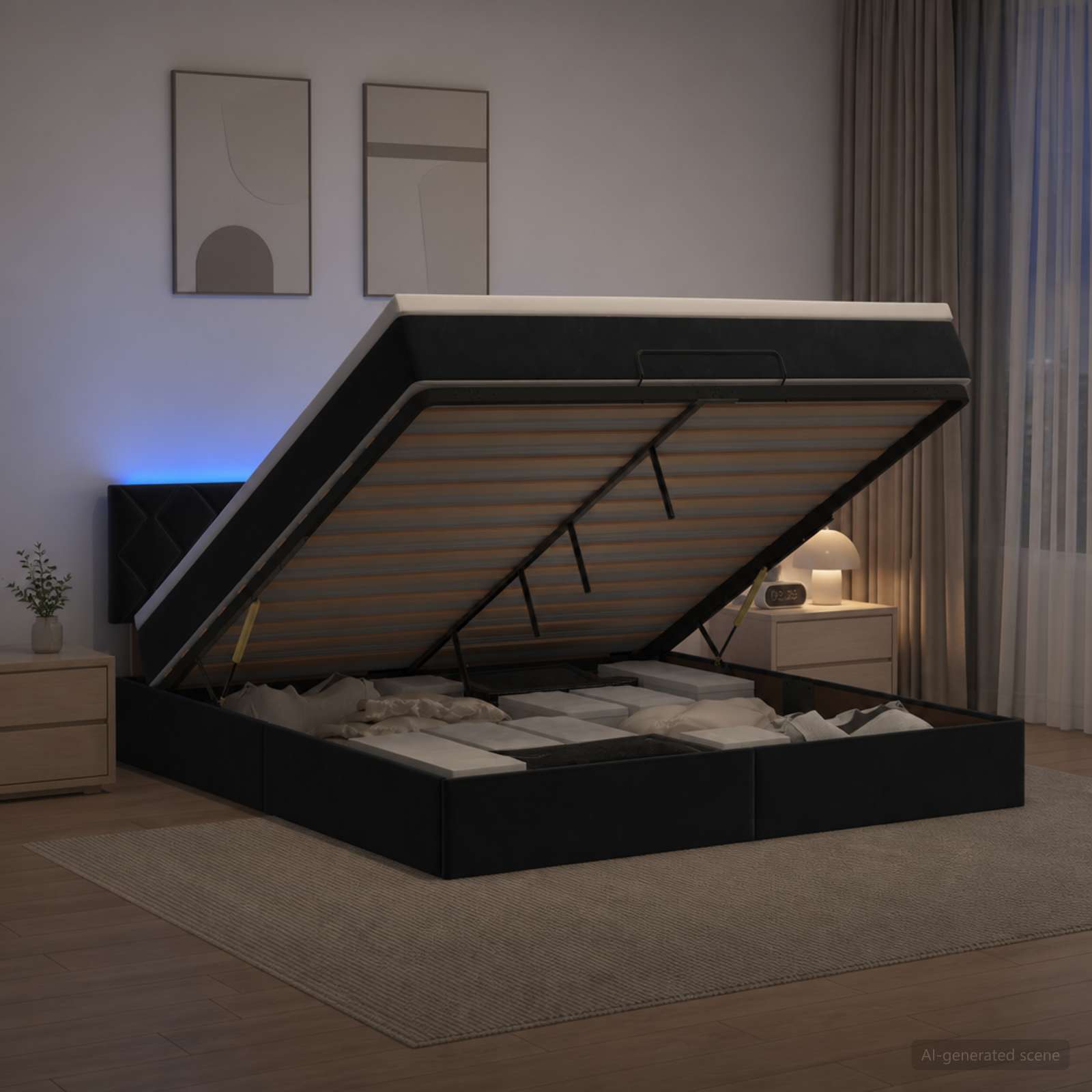 Ottoman-Bett mit Matratze und LED Schwarz 160 x 200 cm Samt