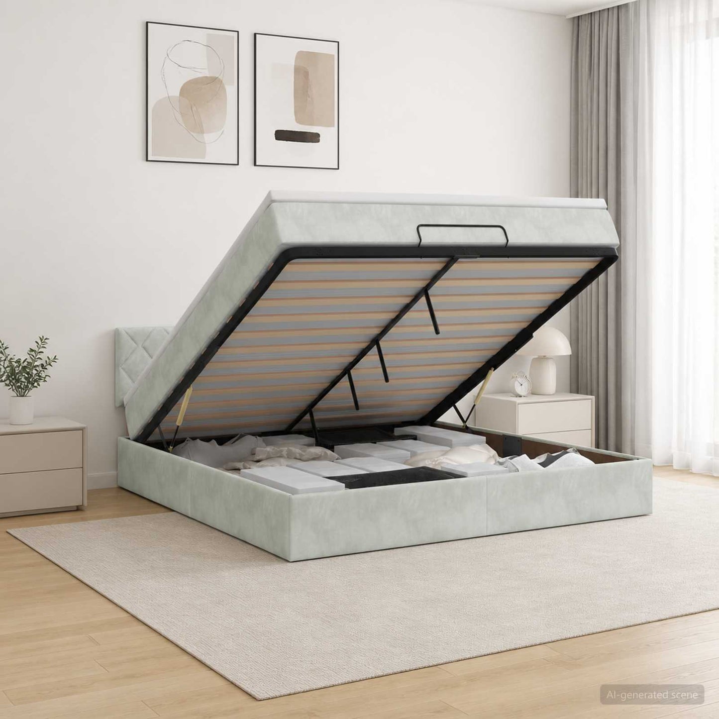 Ottoman Bett mit Matratze Hellgrau 140 x 190 cm Samt