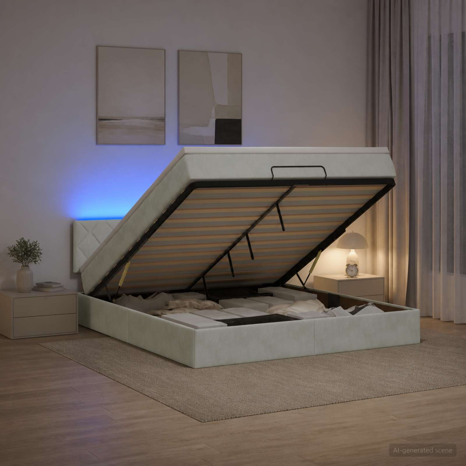 Ottoman-Bett mit Matratze und LED Hellgrau 160 x 200 cm Samt