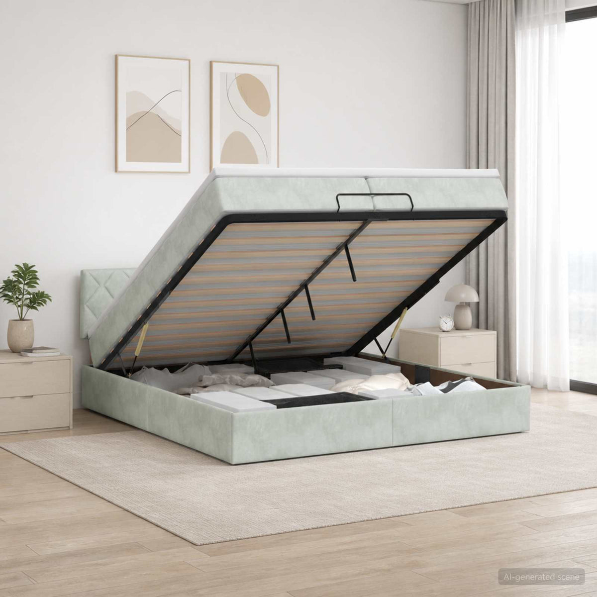 Ottoman Bett mit Matratze Hellgrau 200 x 200 cm Samt