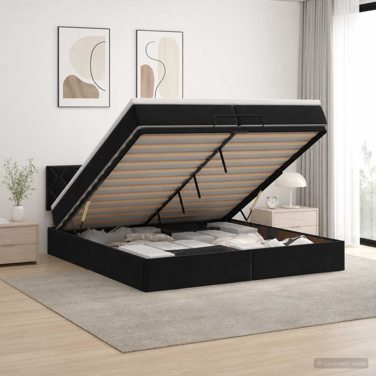 Ottoman Bett mit Matratze Schwarz 200 x 200 cm Samt