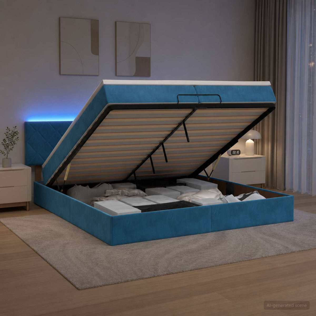 Ottoman-Bett mit Matratze und LED Dunkelblau 200 x 200 cm Samt