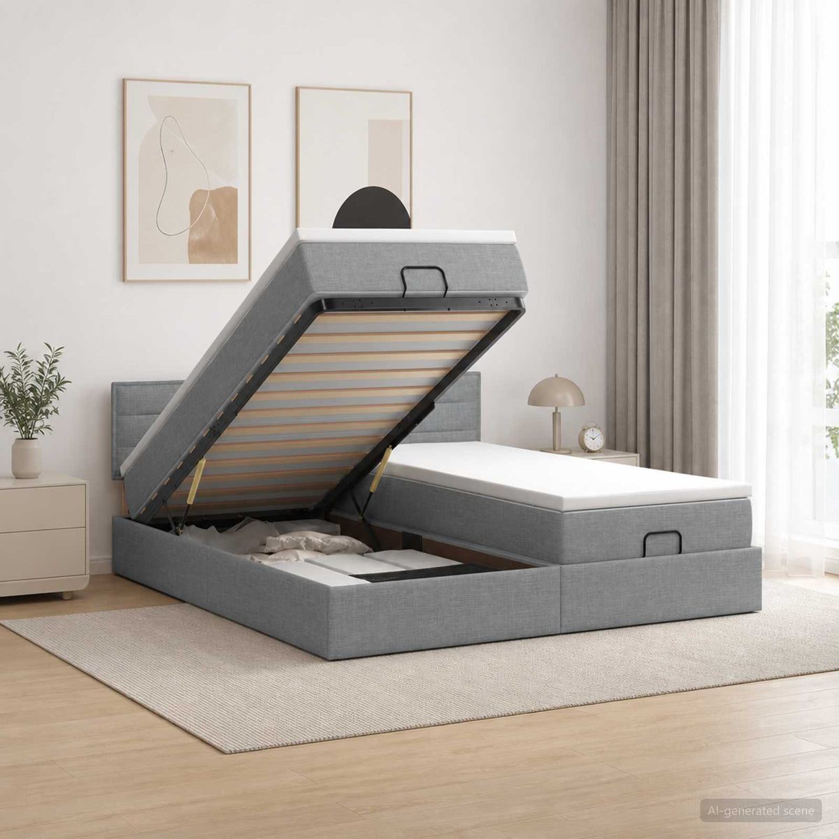 Ottoman-Bett mit Matratze und LED Hellgrau 200 x 200 cm Stoff