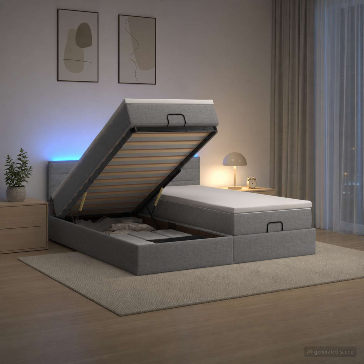 Ottoman-Bett mit Matratze und LED Hellgrau 200 x 200 cm Stoff