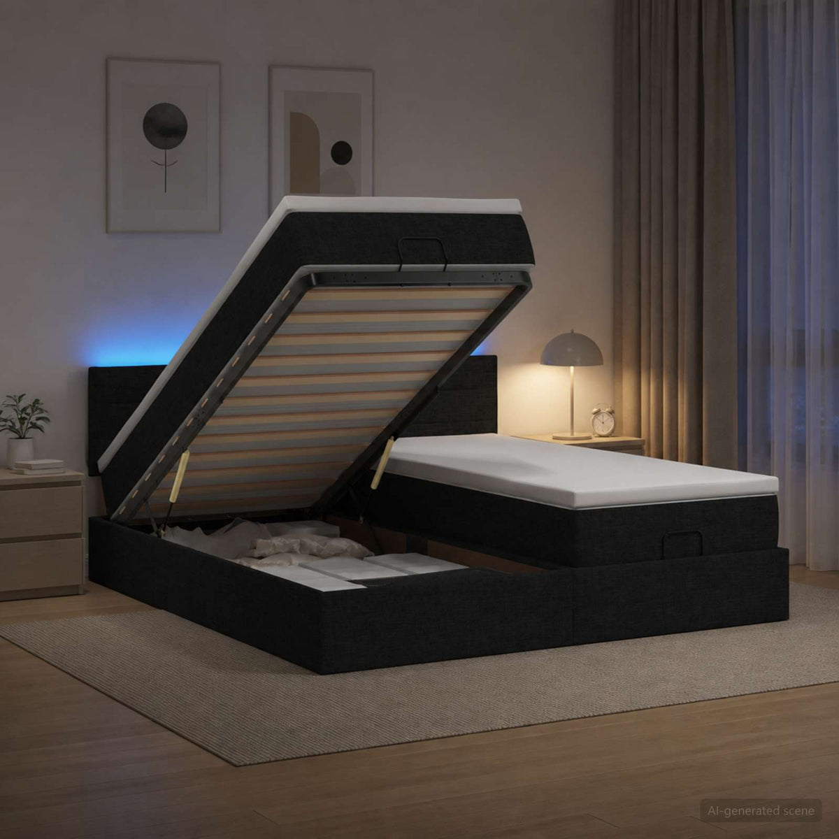 Ottoman-Bett mit Matratze und LED Schwarz 160 x 200 cm Stoff