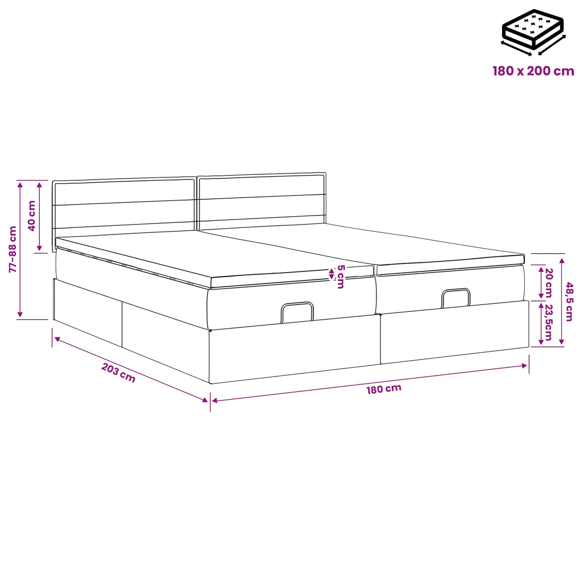 Ottoman-Bett mit Matratze und LED Schwarz 180 x 200 cm Stoff