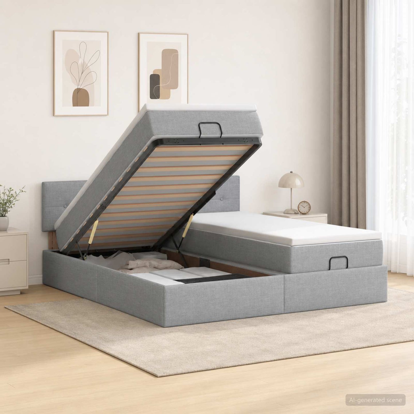 Ottoman-Bett mit Matratze und LED Hellgrau 180 x 200 cm Stoff