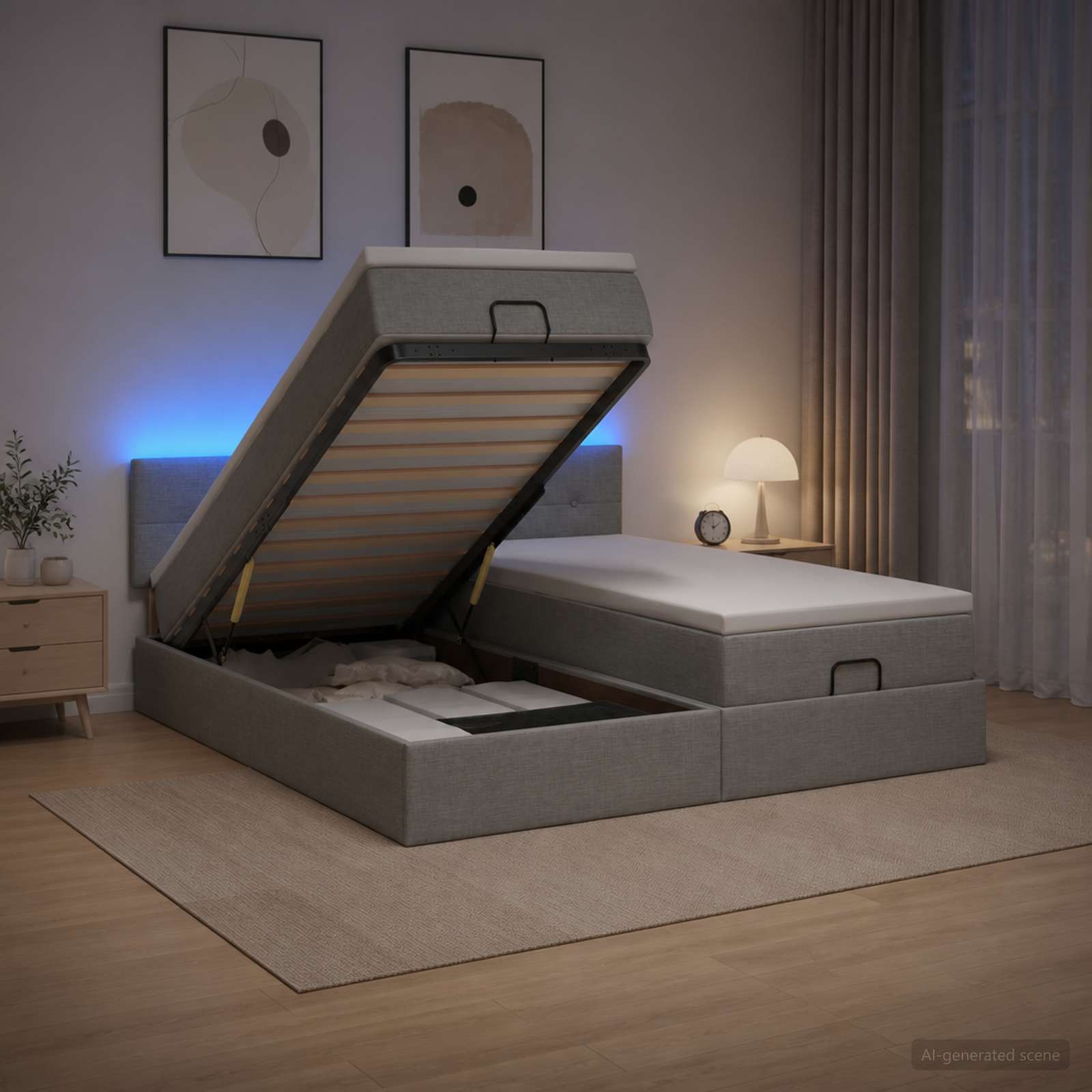 Ottoman-Bett mit Matratze und LED Hellgrau 200 x 200 cm Stoff