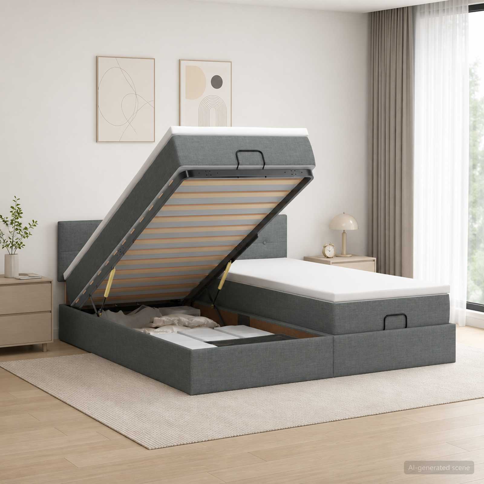 Ottoman-Bett mit Matratze und LED Dunkelgrau 200 x 200 cm Stoff