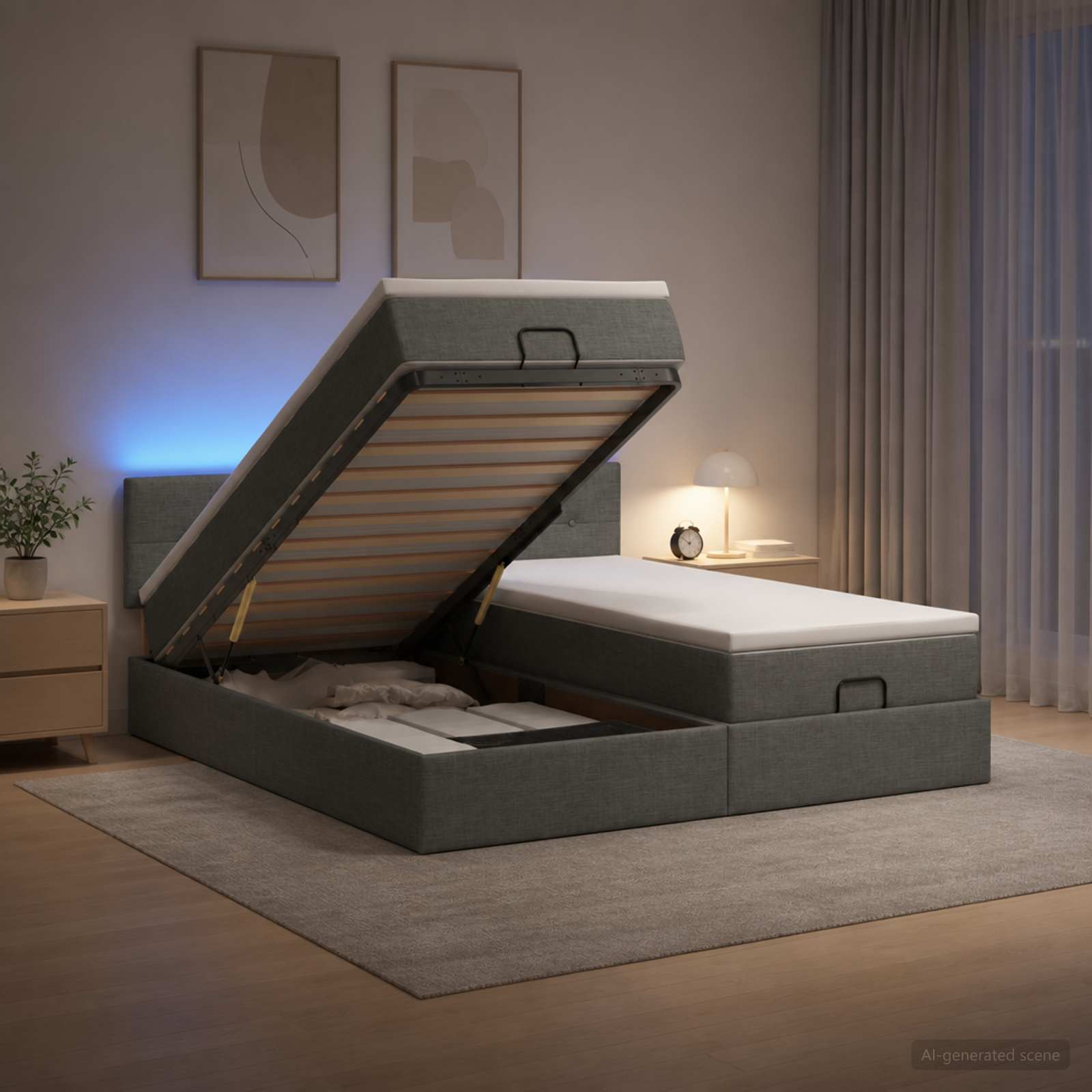 Ottoman-Bett mit Matratze und LED Dunkelgrau 200 x 200 cm Stoff