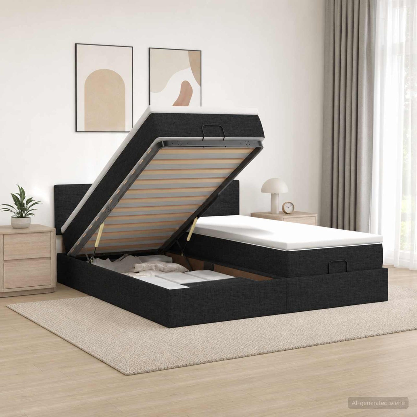 Ottoman Bett mit Matratze mit Kopfteil 2 Stk. Schwarz Stoff