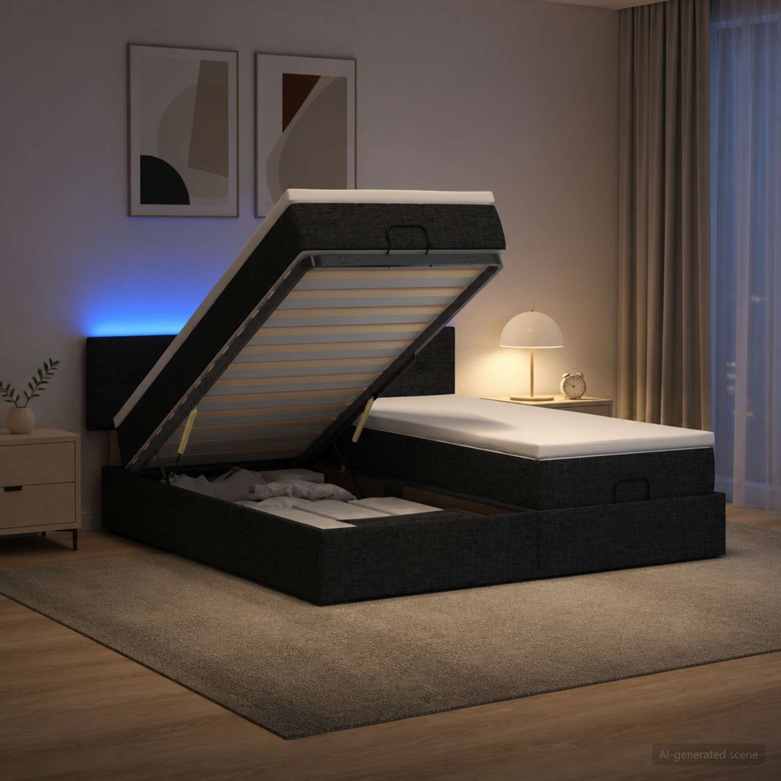 Ottoman-Bett mit Matratze und LED Schwarz 200 x 200 cm Stoff