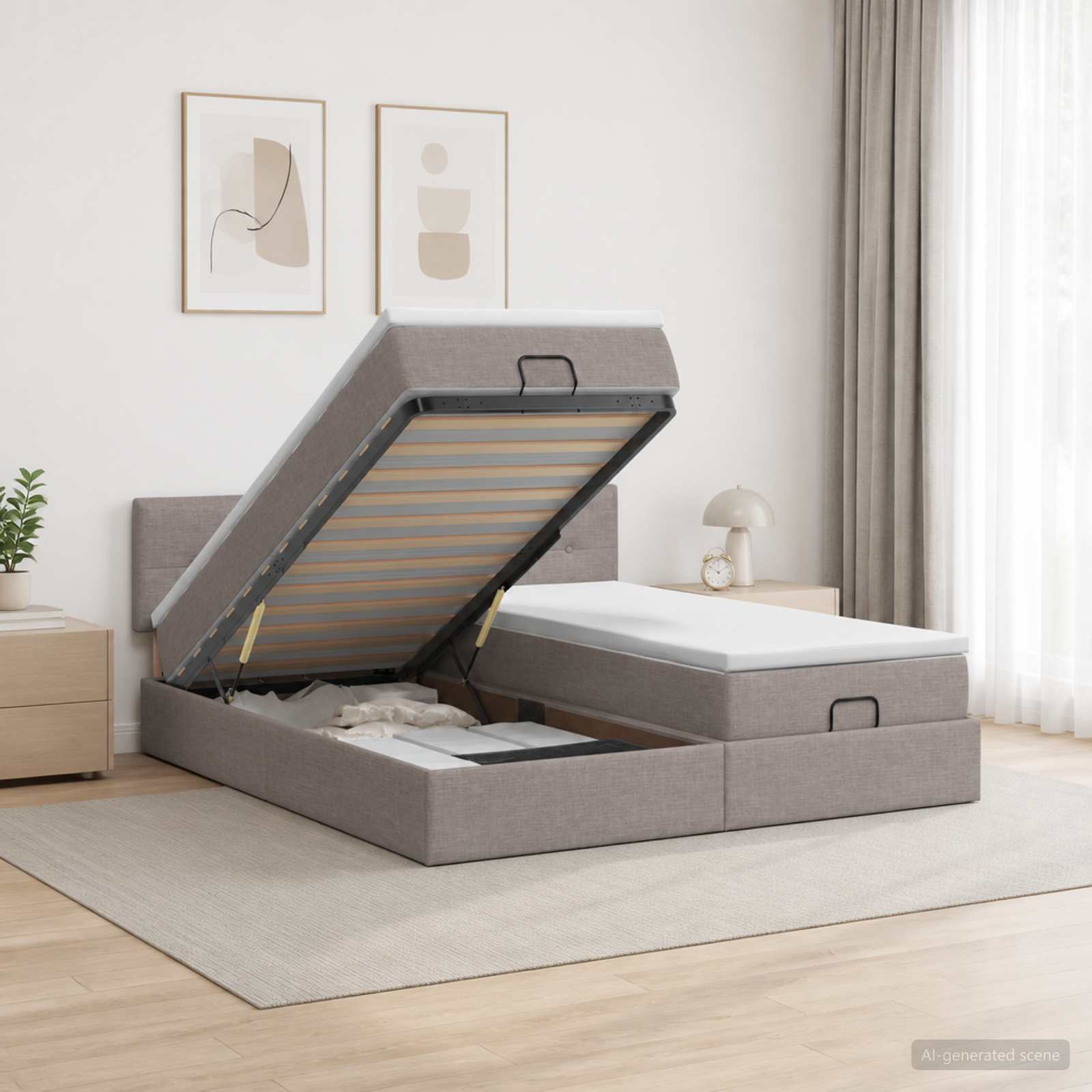 Ottoman Bett mit Matratze mit Kopfteil 2 Stk. Taupe Stoff
