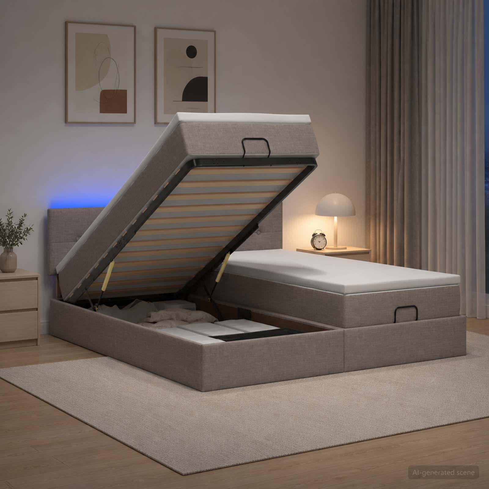 Ottoman-Bett mit Matratze und LED Taupe 180 x 200 cm Stoff