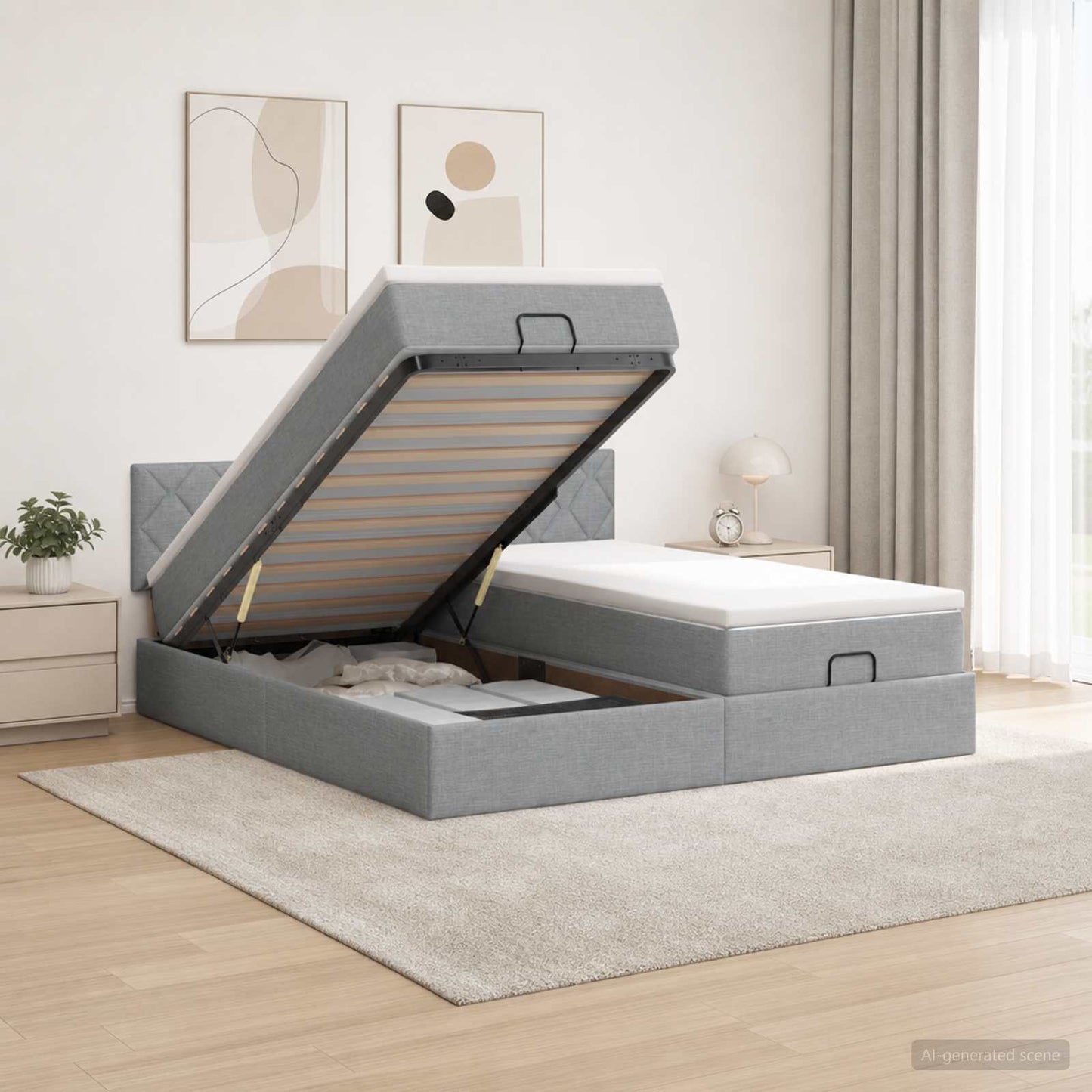 Ottoman Bett mit Matratze mit Kopfteil 2 Stk. Hellgrau Stoff