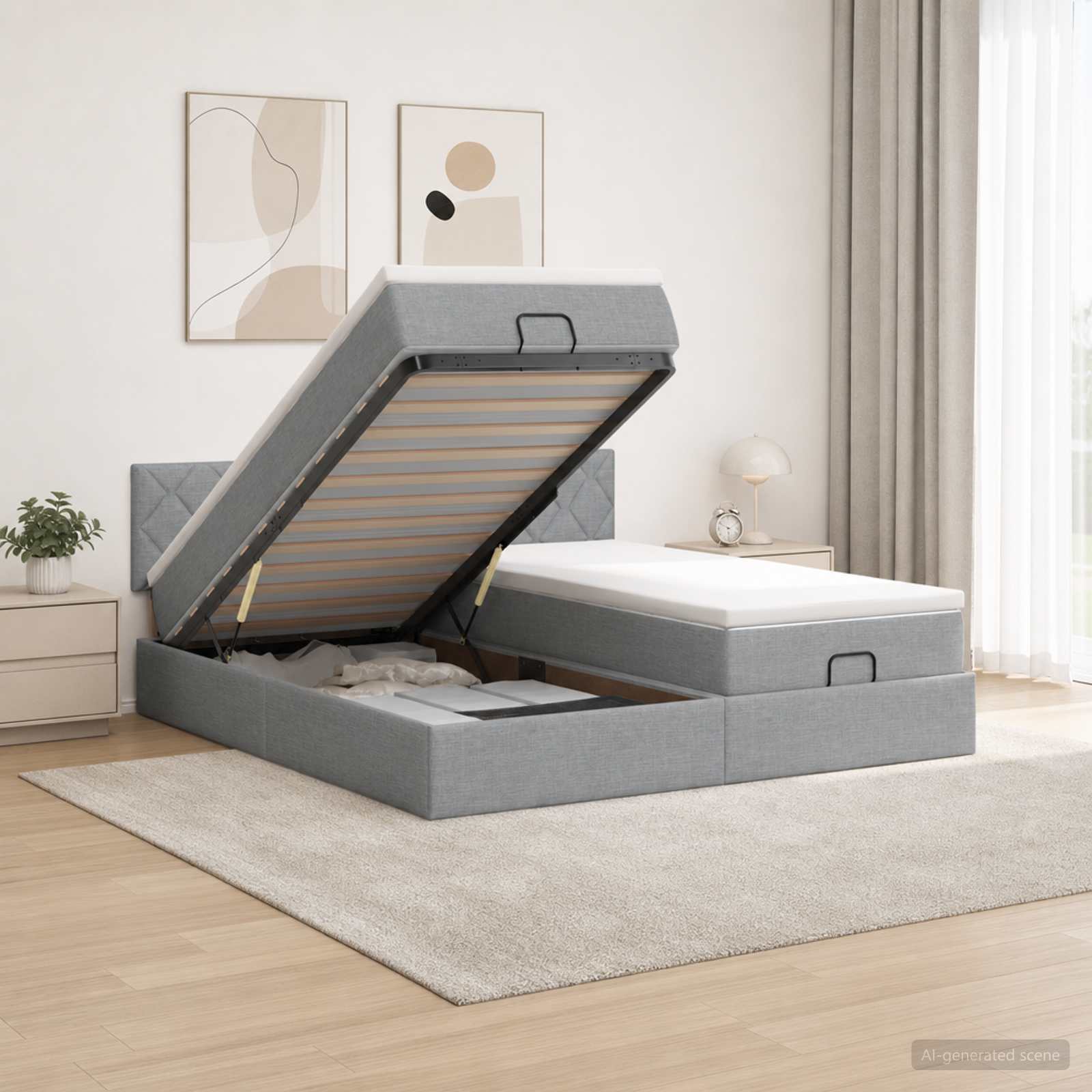 Ottoman-Bett mit Matratze und LED Hellgrau 180 x 200 cm Stoff