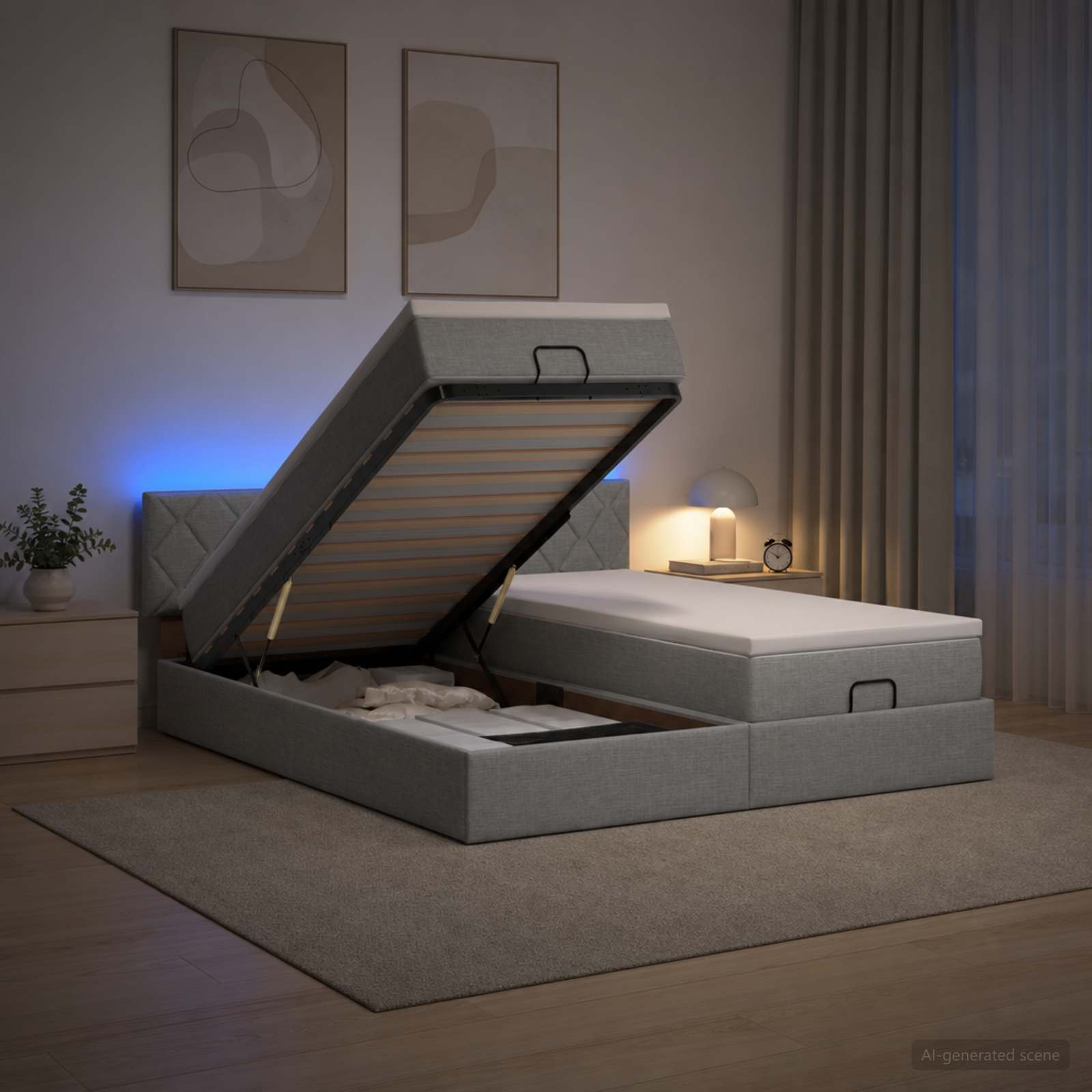 Ottoman-Bett mit Matratze und LED Hellgrau 180 x 200 cm Stoff