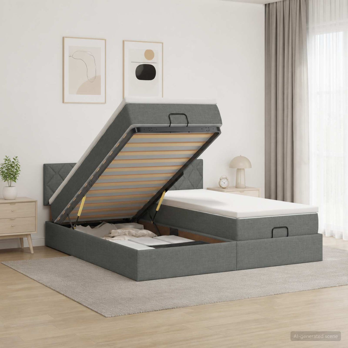 Ottoman Bett mit Matratze mit Kopfteil 2 Stk. Dunkelgrau Stoff
