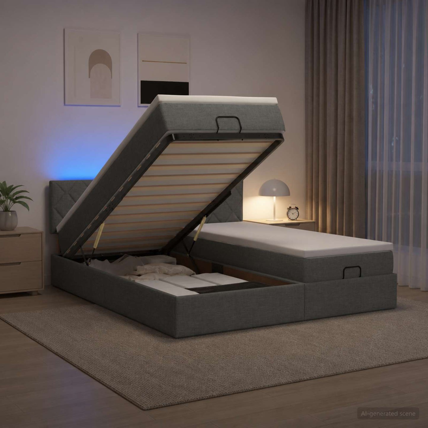Ottoman-Bett mit Matratze und LED Dunkelgrau 200 x 200 cm Stoff