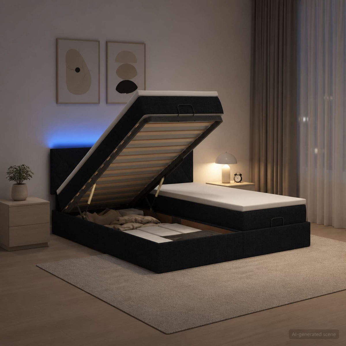Ottoman-Bett mit Matratze und LED Schwarz 200 x 200 cm Stoff