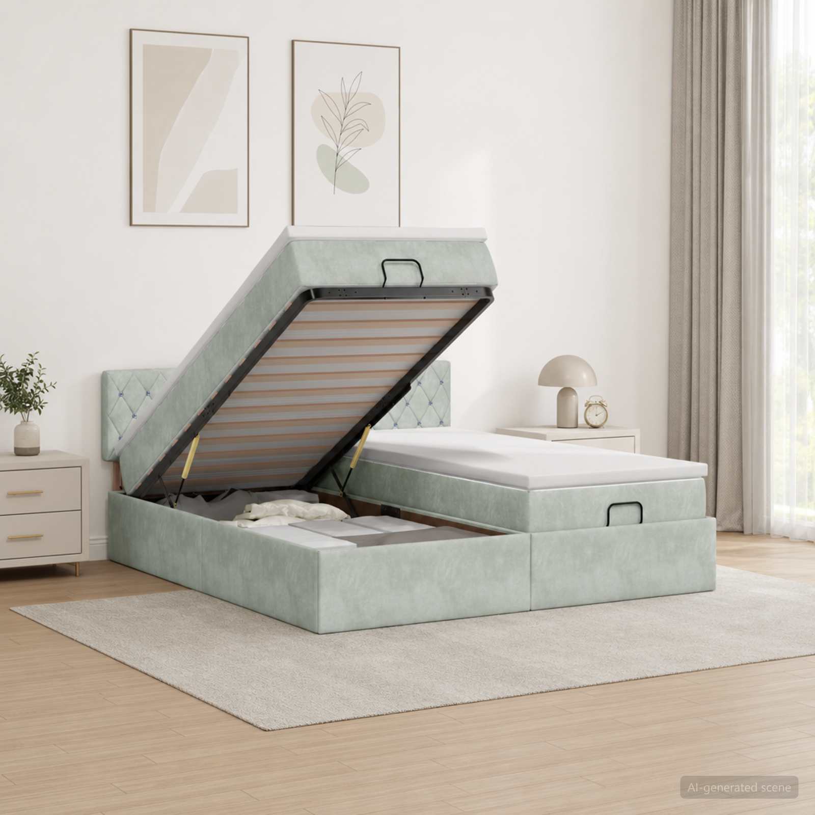 Ottoman-Bett mit Matratze und LED Hellgrau 200 x 200 cm Samt