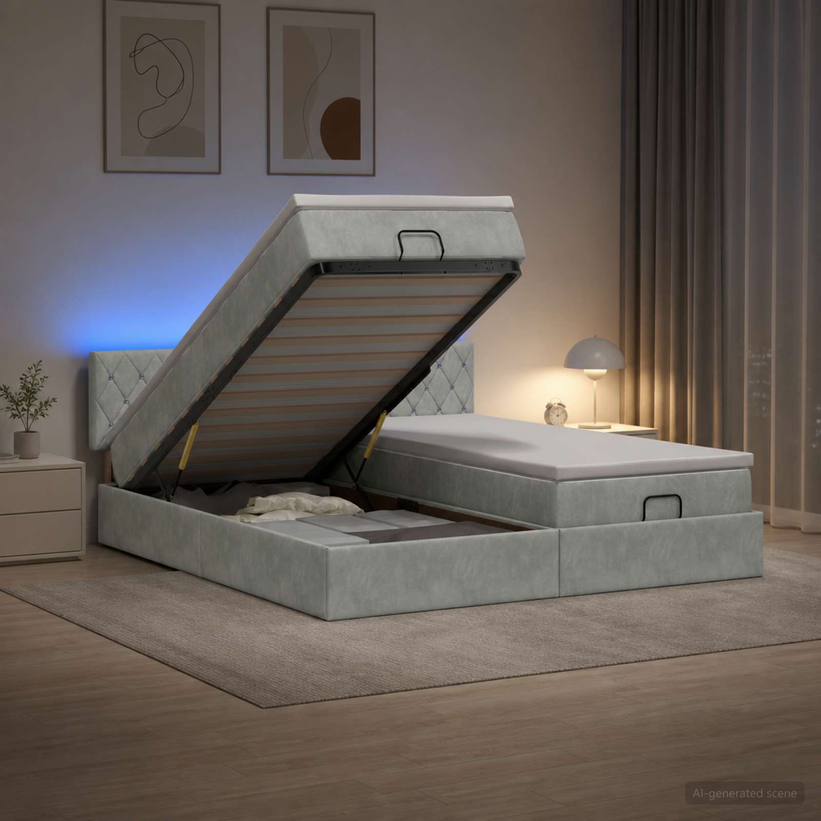 Ottoman-Bett mit Matratze und LED Hellgrau 200 x 200 cm Samt