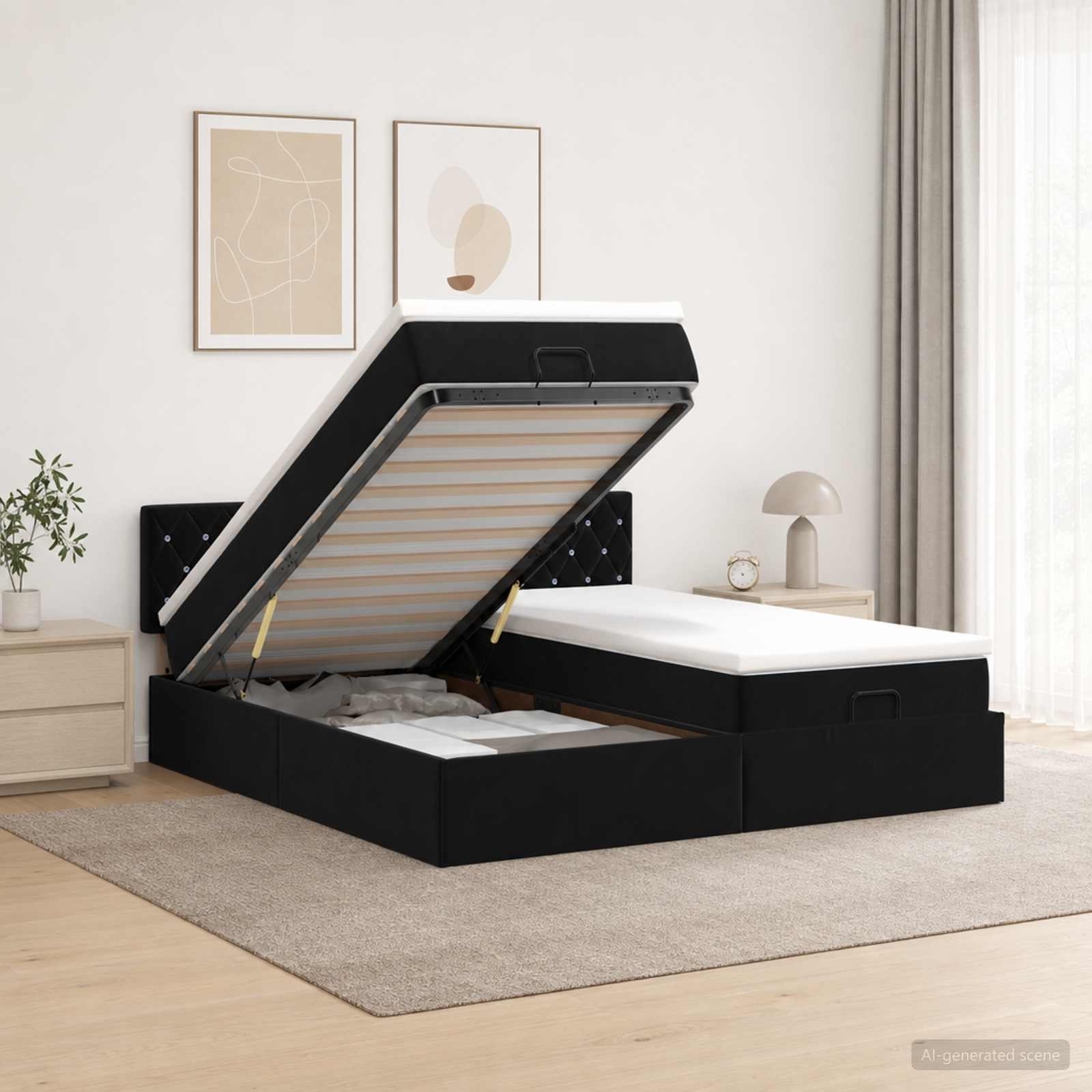 Ottoman-Bett mit Matratze und LED Schwarz 180 x 200 cm Samt