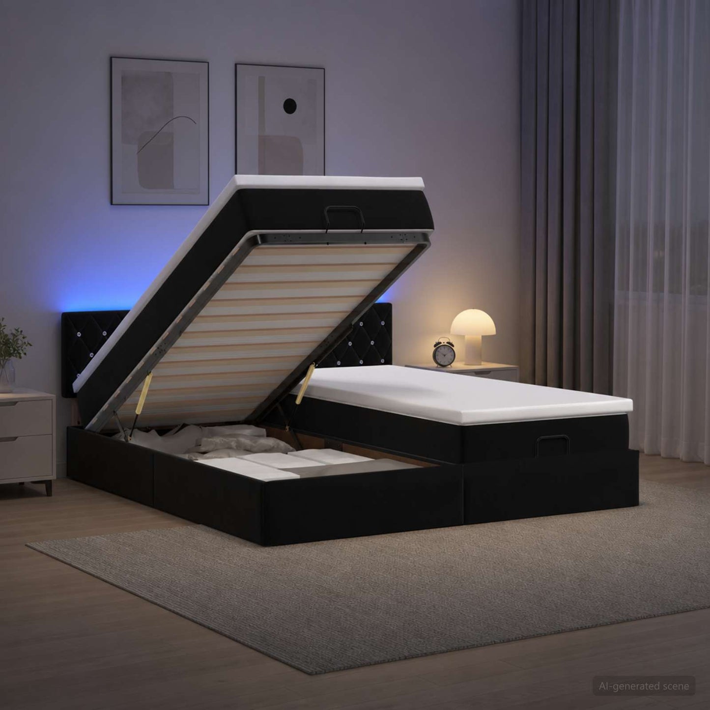 Ottoman-Bett mit Matratze und LED Schwarz 180 x 200 cm Samt