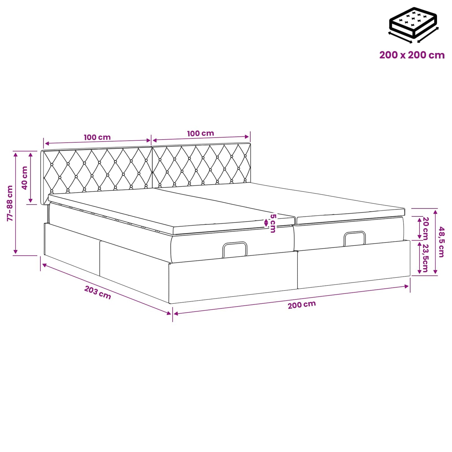 Ottoman-Bett mit Matratze und LED Hellgrau 200 x 200 cm Samt