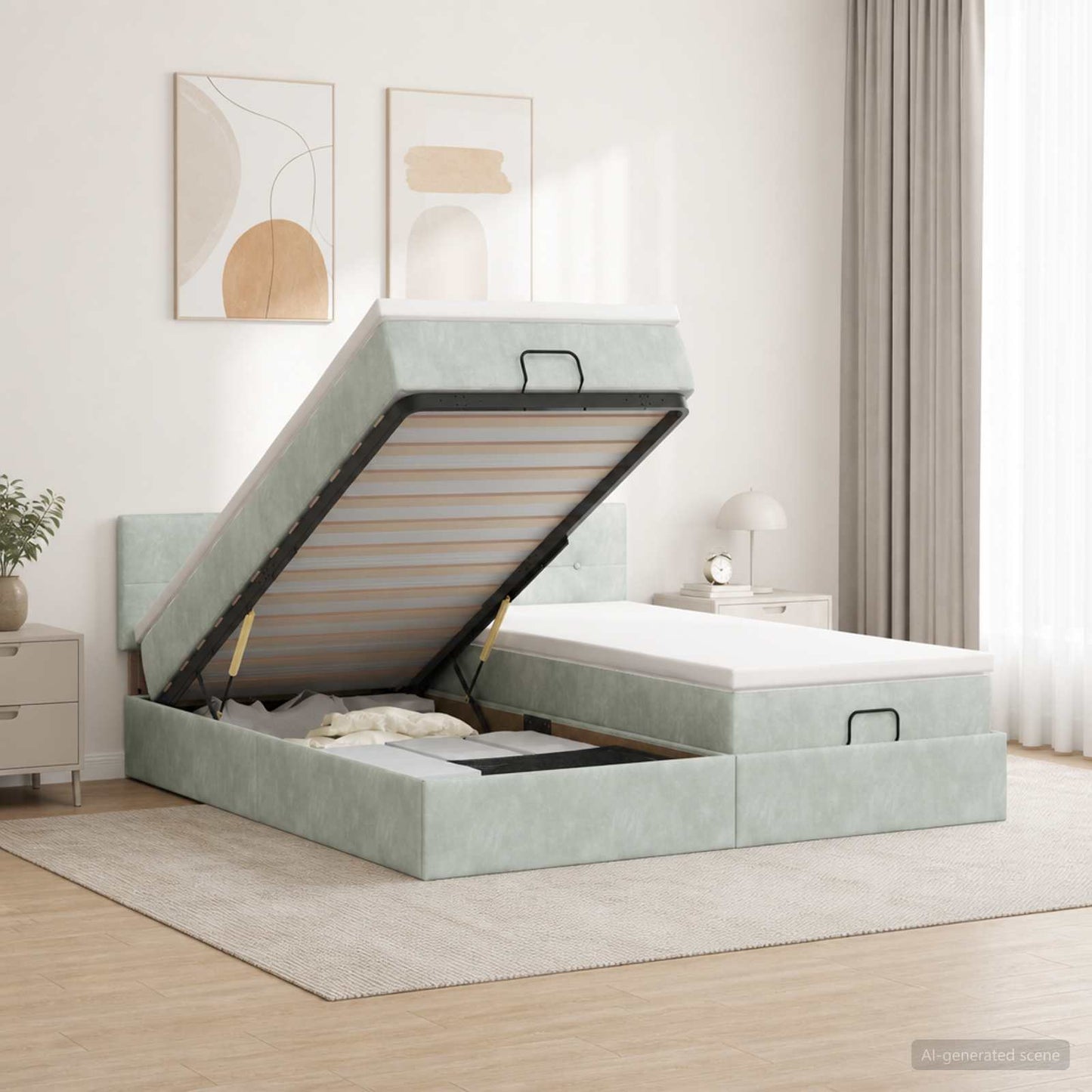 Ottoman-Bett mit Matratze und LED Hellgrau 200 x 200 cm Samt
