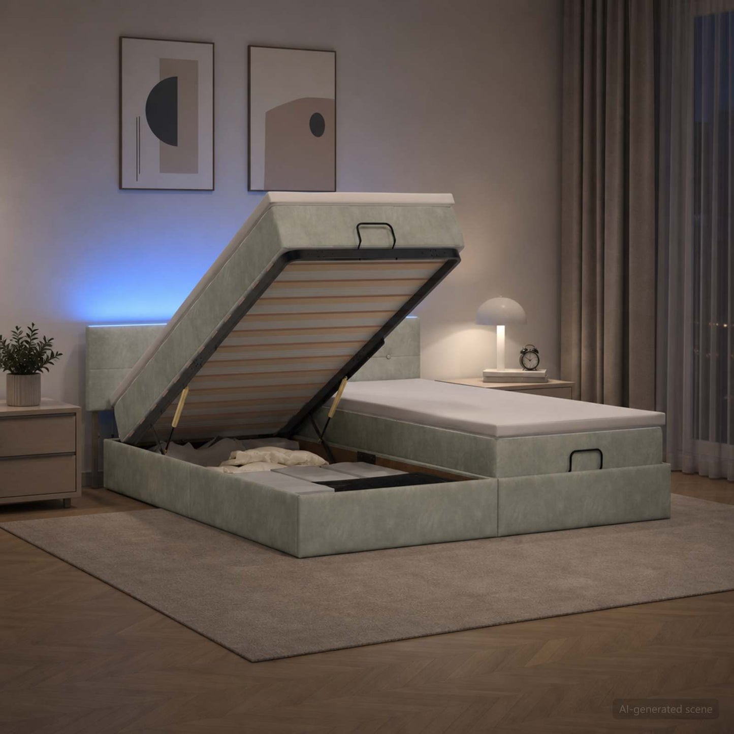 Ottoman-Bett mit Matratze und LED Hellgrau 180 x 200 cm Samt