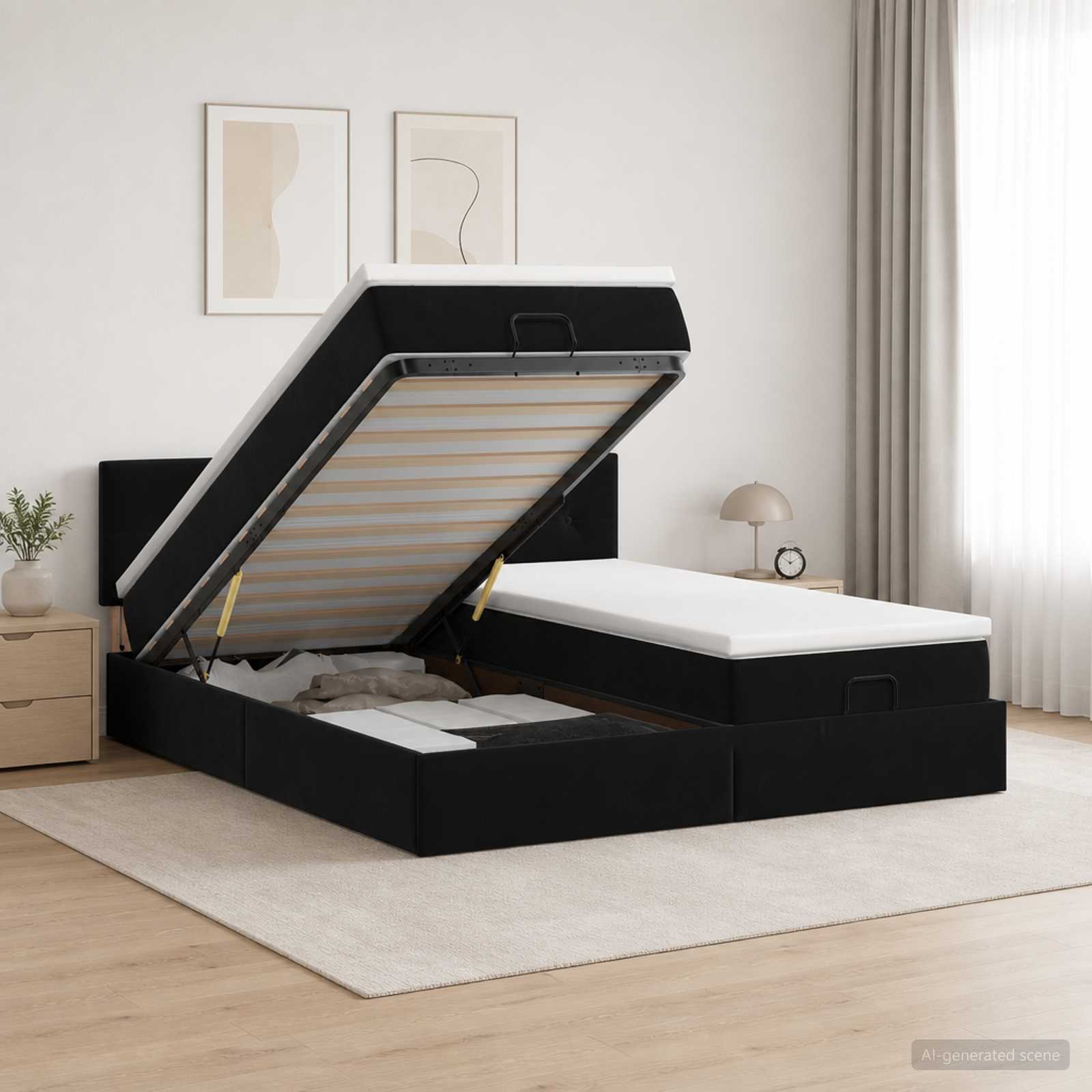 Ottoman Bett mit Matratze mit Kopfteil 2 Stk. Schwarz Samt