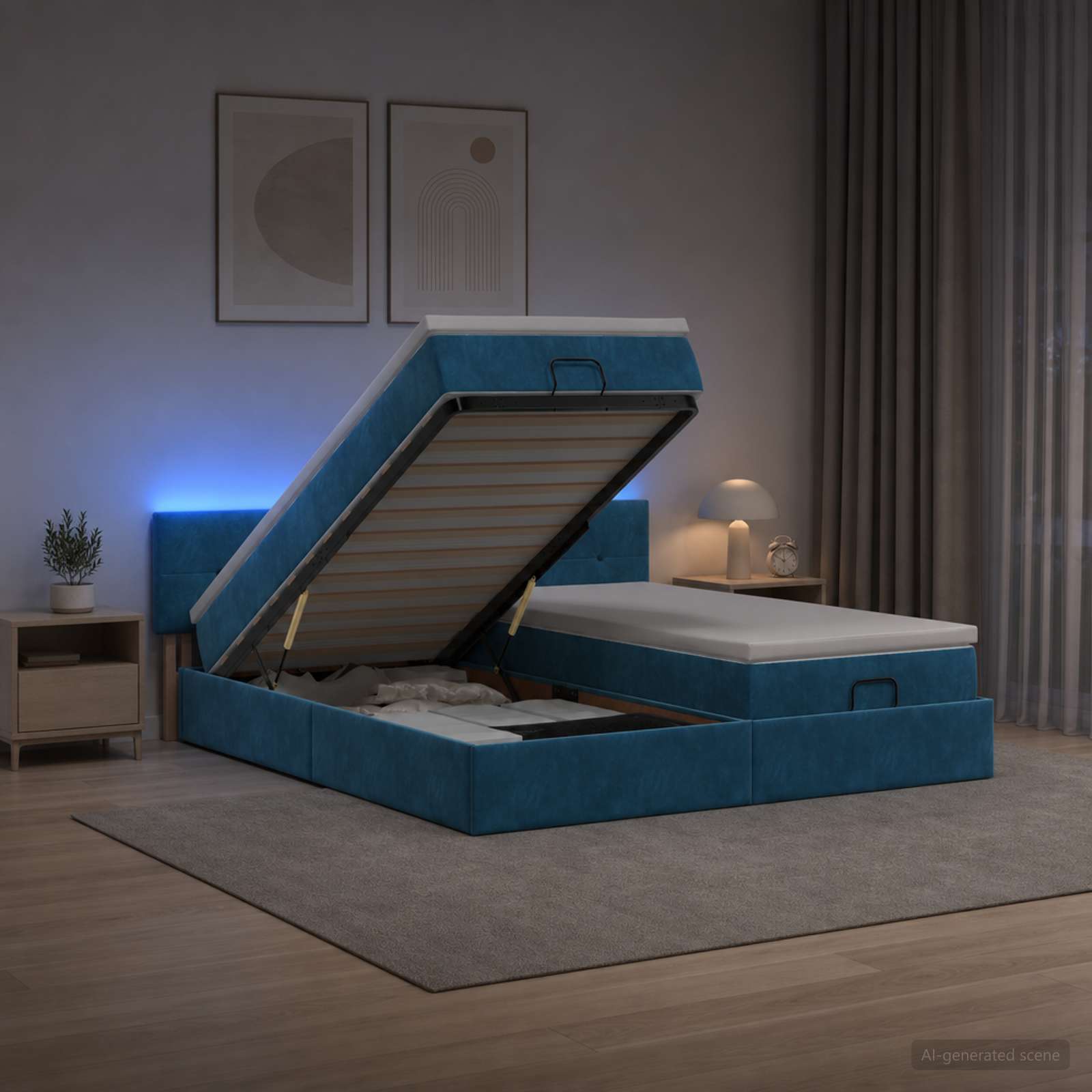 Ottoman-Bett mit Matratze und LED Dunkelblau 180 x 200 cm Samt